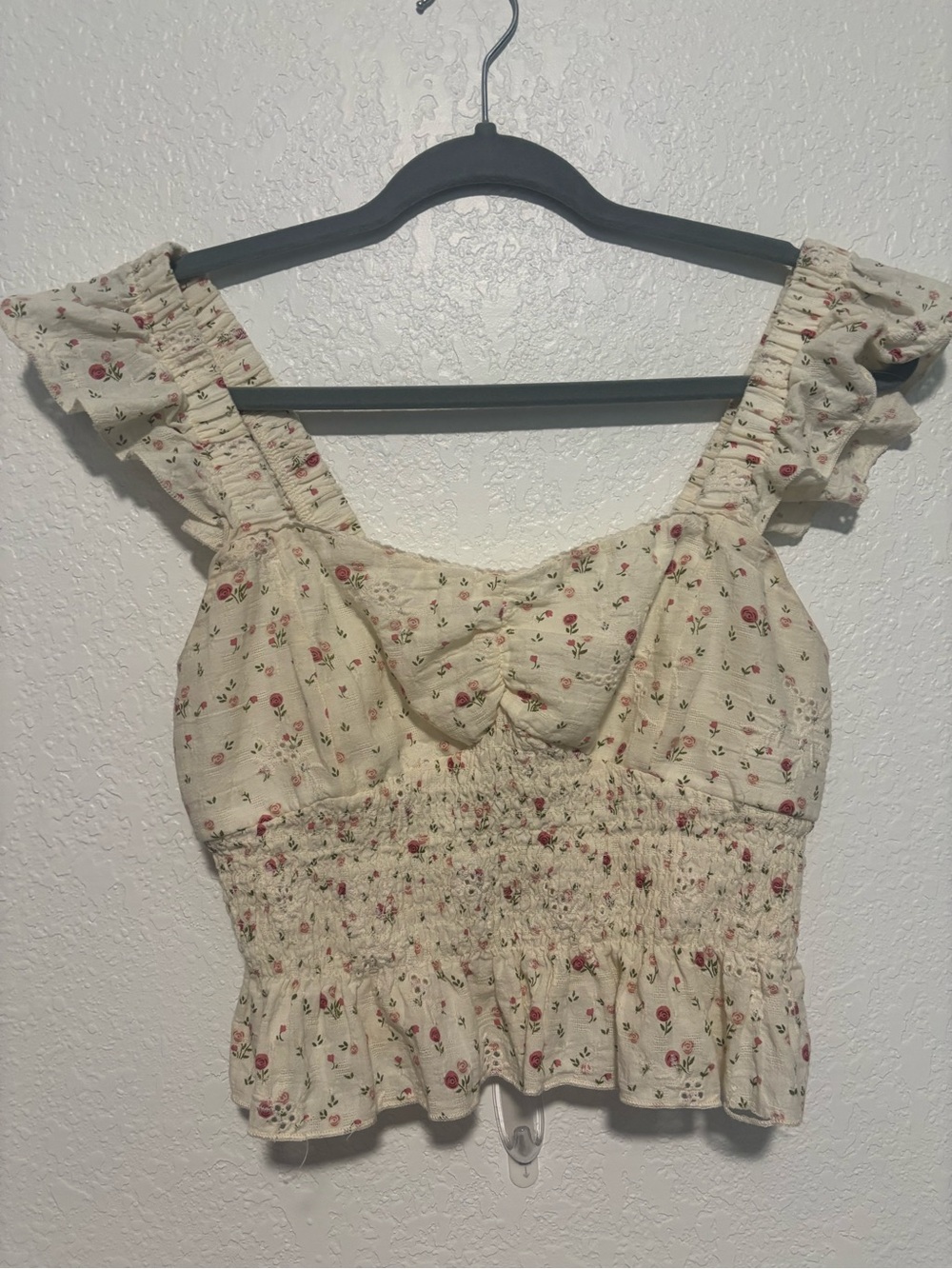 iris Cream Floral Smocked Ruffle Crop Top